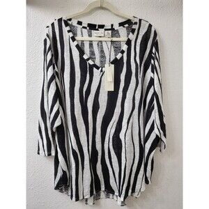 NWT RACHEL ZOE Blouse Top Womens Plus 3X 100% Linen Tunic Black White Zebra
